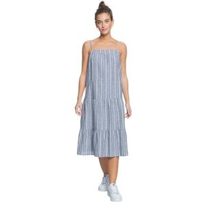 Roxy golden allure linen blend midi dress blue with white stripes